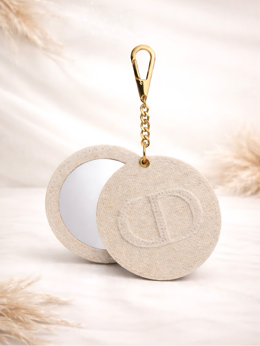 Dior Beige Linen Round Mirror Keychain Bag  Charm Gold Clasp New In Box VIP/GWP